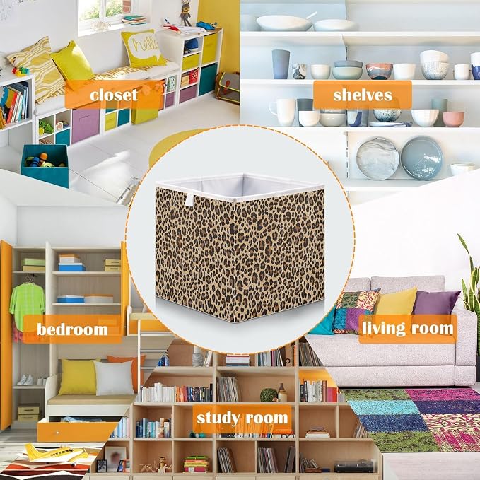 Brown Leopard Print Storage Baskets, 15.75x10.63x6.96 inch Foldable Decorative Fabric Storage Bins, Closet Organizer for Shelves, Clothes, Books & Bedroom Organization