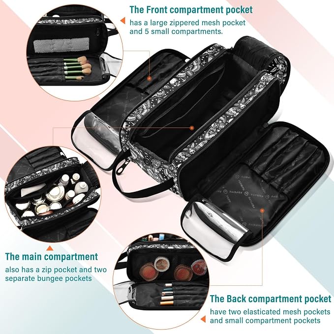 MNSRUU Large Capacity Makeup Bag, Digital Skull Head Moth Cosmetic Bag Portable Toiletries Pouch with Compartments Makeup Organizer Case for Travel Women