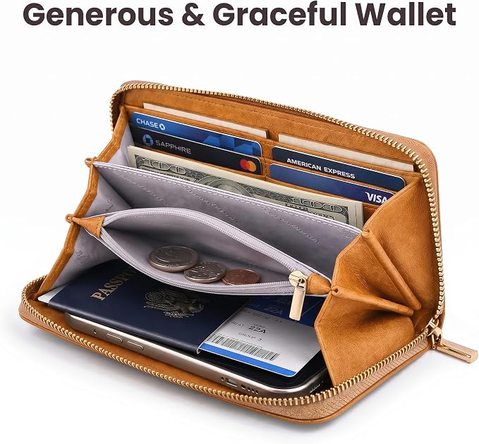Clutch Wallet For Women, Leather RFID Blocking Wallet Women Large Capacity Credit Card Holder, Womens Billfolds and Wallets Gifts for Women Birthday, Ladies Wallet with Phone Holder, Zip Around
