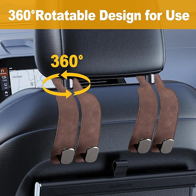 Car Purse Hook Purse Hook for Car Seats Headrest Car Seat Hooks,Heavy Duty Vehicle Organizer for Handbags, Groceries, Purses, Keep Car Tidy (Brown, 4 Pack)