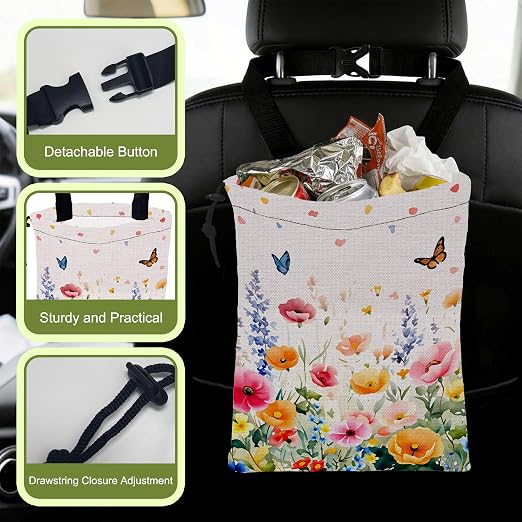 Car Trash Bag Watercolor Wildfloral Butterfly Hanging Drawstring Car Organizer and Storage Bag with Adjustable Buckle Canvas Garbage Bin for Back Seat or Hanging Headrest Road Trip Essentials