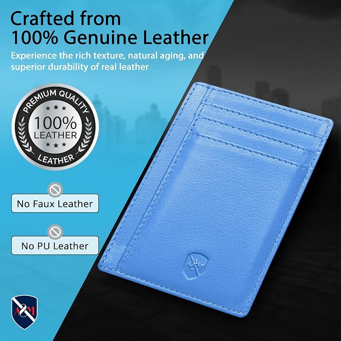 ALLEN & MATE 100% Genuine Leather Slim Minimalist wallet RFID Blocking Card Holder Wallets for Men & Women - Holds 7 Cards, ID & Cash with Gift Box (Blue)