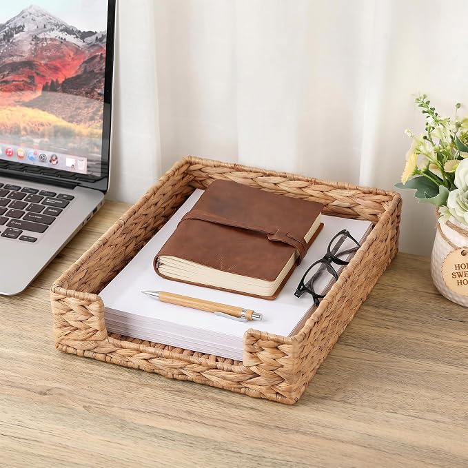 Letter Tray Water Hyacinth, Wicker Desk Organizer for Office Supplies Mail | Desk Tray Organizer for A4 Paper, Magazine, Jewelry Cosmetics, Paper Holder Storage Basket for Office, School, and Workspace