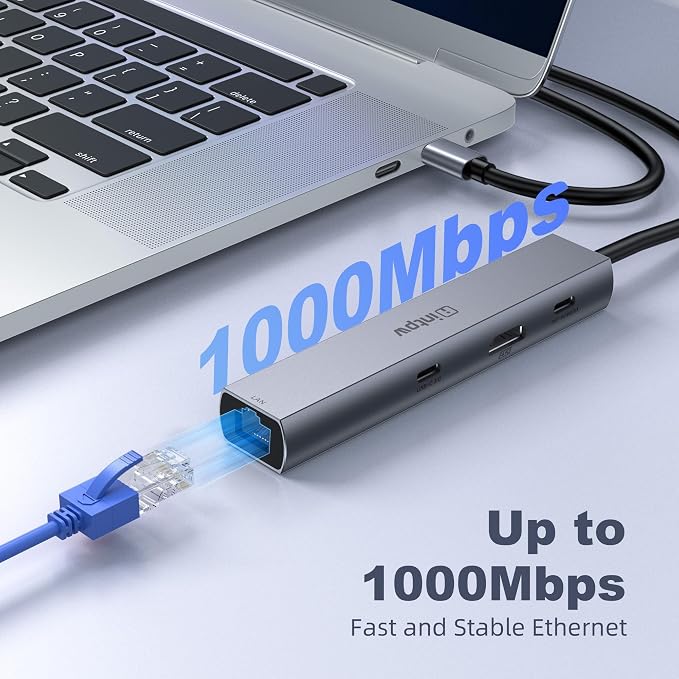 USB C Hub, intpw 6 in 1 USB C Multiport Adapter with 4K@60Hz HDMI, Gigabit Ethernet,100W PD, 5Gbps USB 3.0 Data Transfer, USB C Dongle for MacBook Pro/Air,iPad Pro and More