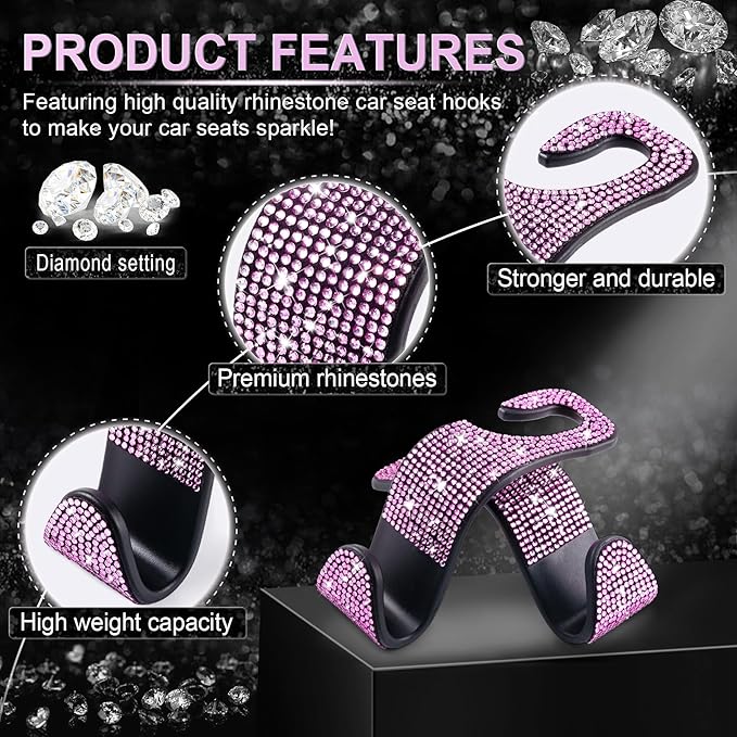 LivTee Car Seat Headrest Hook, Auto Seat Hook Hangers Storage Organizer Interior Accessories for Purse Coats Umbrellas Grocery Bags Handbag, 4-Pack(Bling Pink)
