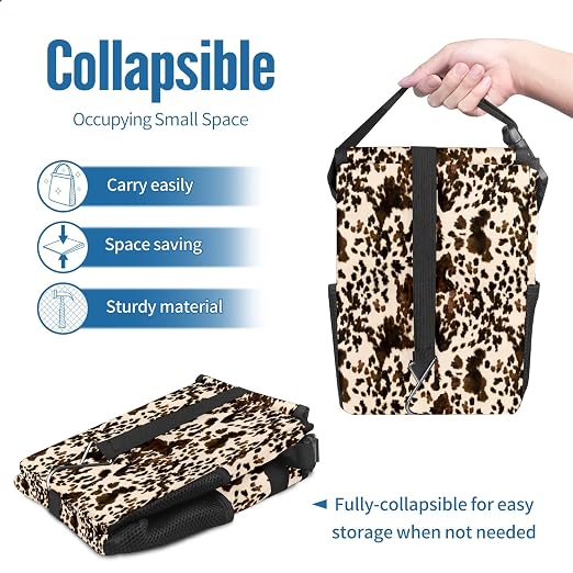 Brown Western Cow Print Car Trash Can with Lid - Collapsible Reusable Waterproof Automotive Garbage Can