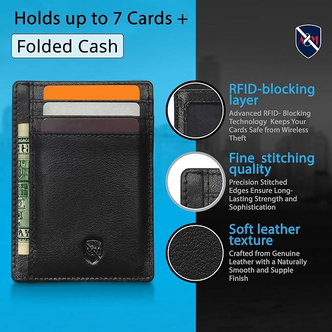 ALLEN & MATE 100% Genuine Leather Slim Minimalist wallet RFID Blocking Card Holder Wallets for Men & Women - Holds 7 Cards, ID & Cash with Gift Box (Black)