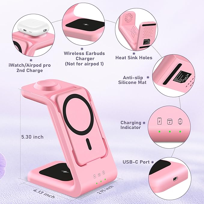 3 in 1 Wireless Charging Station: 5000mAh Removable Power Bank Charger Stand for Phone/Watch/Air Pods - Portable Magnetic Battery Pack for Air 17 16 15 14 13 12 Series Pink