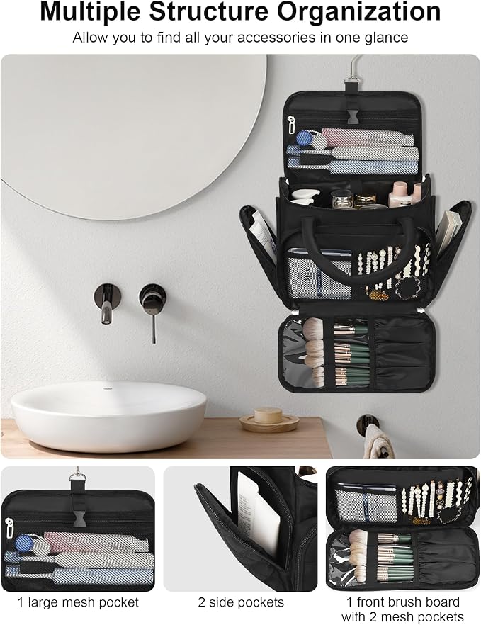 Travel Toiletry Bag for Women with Hanging Hook, Large Wide-open Travel Bag with 2 Removable Dividers, Puffy Makeup Bag Organizer with Compartments for Full Sized Container, Cosmetics, Toiletries