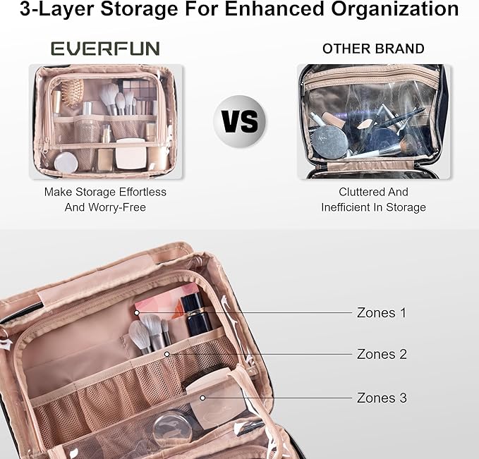 Everfun Hanging Toiletry Bag for Travel, Mothers Day Gift for Mom, 12x9x4.5 inch Large Capacity Cosmetic Organizer with Leakproof Wet/Dry Compartment, Waterproof Dopp Kit for Women Pink