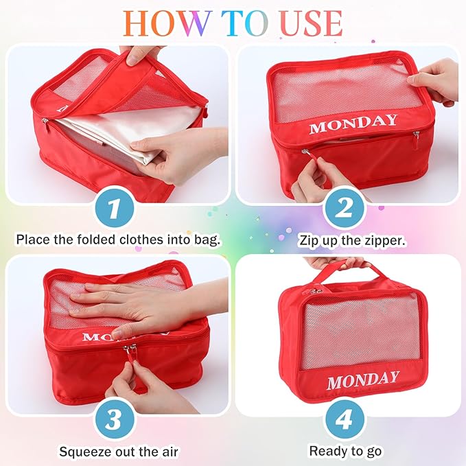 Days of Week Packing Cubes Weekly Organizer Travel Storage Bag School Clothes for Kids Summer Camp Family(9x7x3inch,Rainbow,15)