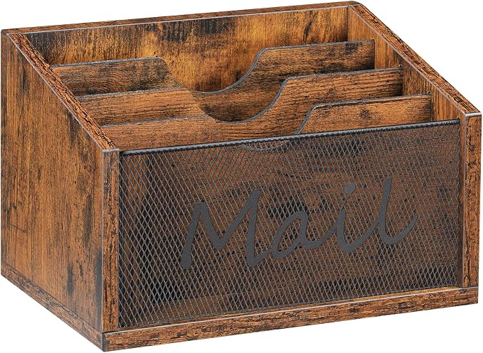 YATINEY Mail Organizer Countertop, Mail Holder with 4 Slots, Mail Sorter for Desk, Wooden Office Desk Organizer, Mail Organizer for Magazines, Files, Papers, Folders, Rustic Brown and Black MR04BR