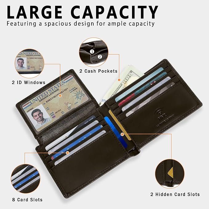 Travelambo Genuine Leather Wallet for Men with Gift Box - Handmade Bifold Stylish - Mens Wallets Rfid Blocking with 2 ID Windows