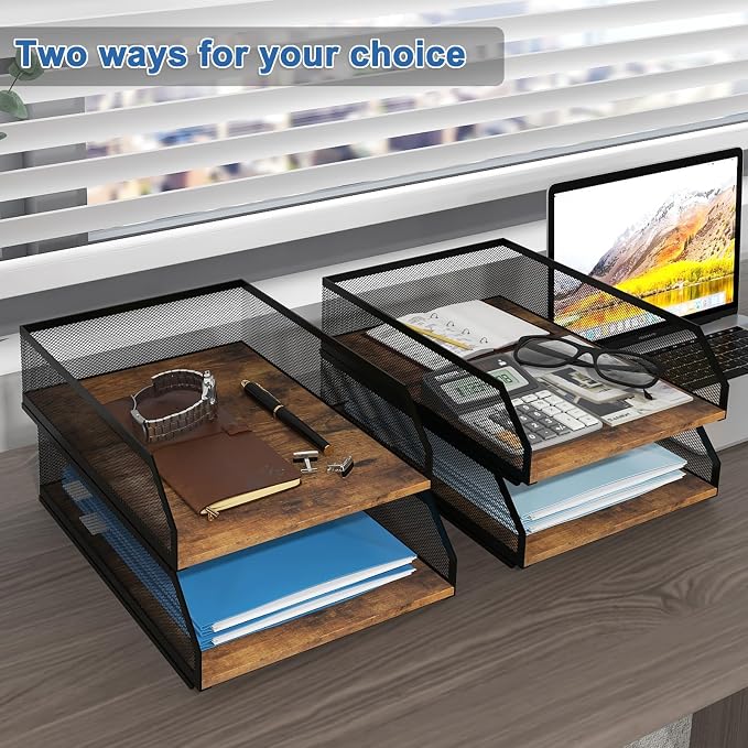 Natwind 2-Tier Stackable Metal Mesh Paper Organizer with Sliding Tray,Retro | Wooden Desk Organizer, Letter Tray For Desktop,File Holder For Home Office School Classroom Organization
