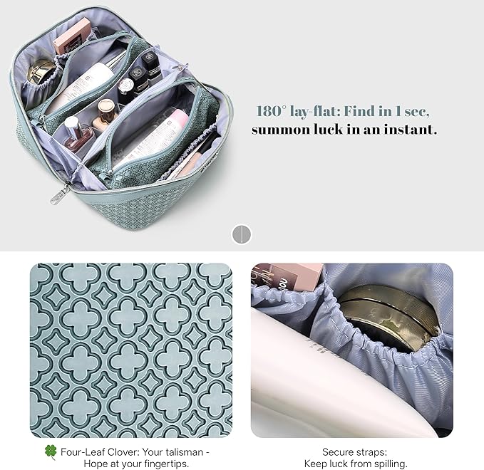 BOYATU Travel Makeup Bag for Women: Four Leaf Clover Large Capacity 3 Pcs Set Cosmetic Bags - Waterproof 50% Extra Space for Toiletry Organizer - Travel Essentials for Fortunate (04 Light Blue)