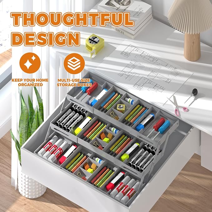 3 Tier Drawer Organizer - Expandable Junk Drawer Organizers Smart Office Supply Organizer, Folding Drawer Storage Multi-level Desk Organizer for Makeup,Jewelry,Cosmetics,Kitchen Storage (1 Row 3 Tier)