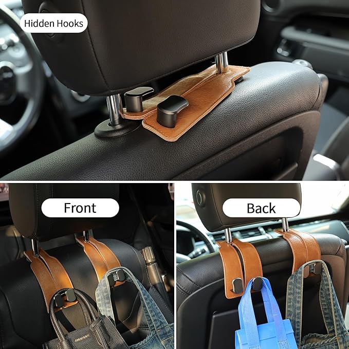 KINIVA Car Seat Headrest Storage Hooks, Set of 2, Suede PU Leather, Double Hooks (06-Brown)