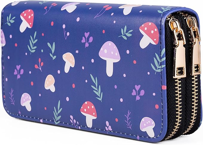Mushroom Wallets for Women Large Capacity Double Zippes Ladies Purse Vintage Credit Card Holder (Dark Blue)