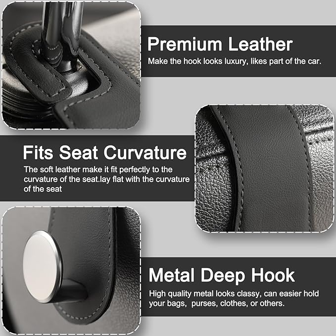 JESTOP Leather Car Seat Storage Hanger, 2 Pack, Stylish Seat Organizer Hooks for Purses, Bags, Coats, Umbrellas, Black