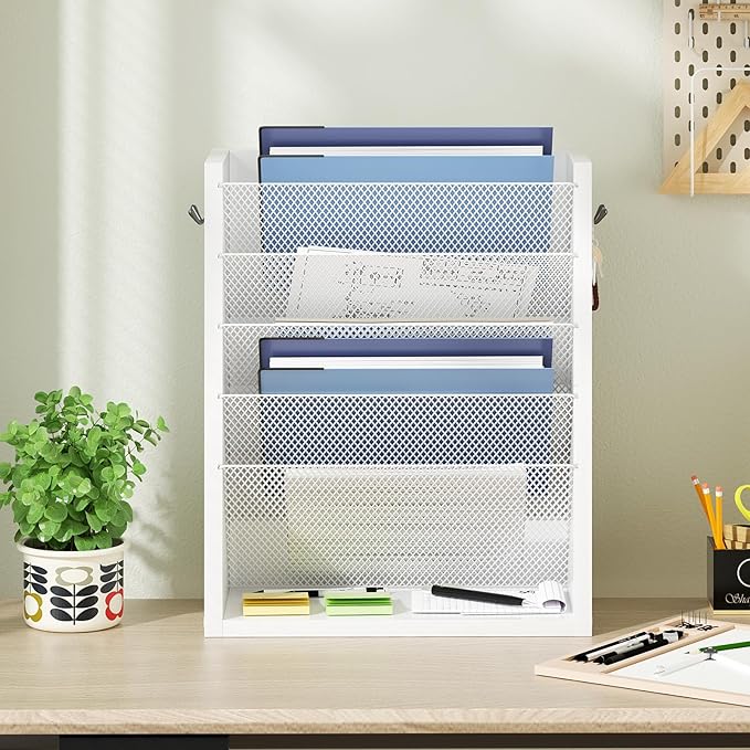 Mail Organizer Wall Mounted, 6-Tier Wall File Organizer with 2 Hooks, Wooden Desk Organizer Magazine Holder with Bottom Flat Tray, for Office Home, White