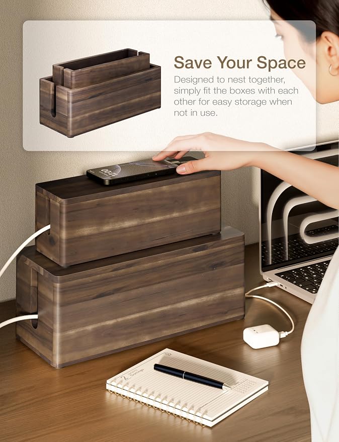 TIDITA Acacia Large Cable Management Box - Set of 2 Cord Box Hider for Office - Cable Hider Box, Surge Protector Box for TV Wires, Desk - Power Strip Box with 2 Open Slots, Magnetic Lid (Walnut color)