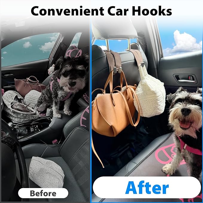 Travel Depot Headrest Hooks for Car, Purse Hook for Car, Premium Leather Twin Hook Car Seat Hooks, Double Hook Seat Back Storage Organizer for Purses, Bags, SUV, Truck, Vehicle, 2 Pack, Brown