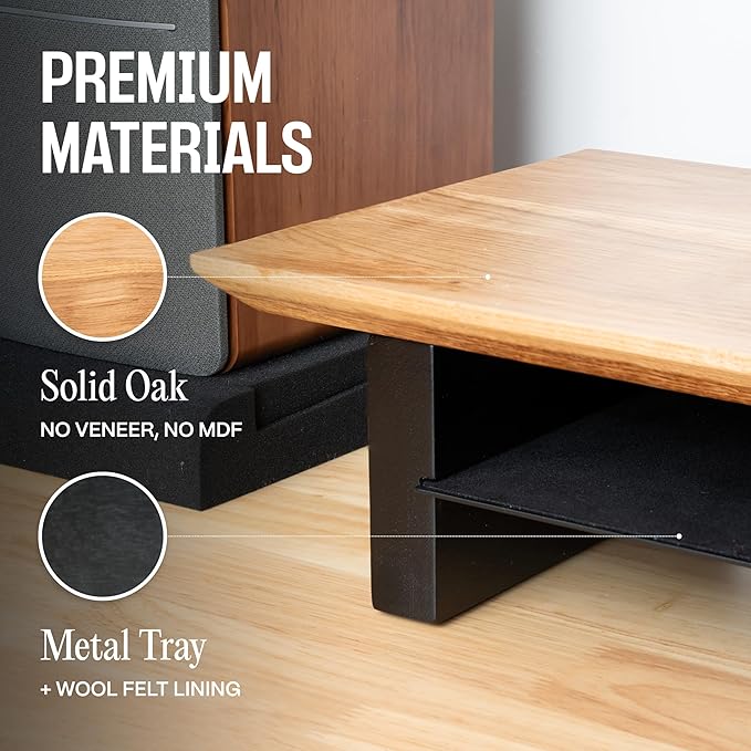 COREMINDED Solid Wood Dual Monitor Stand Riser ??43" Oak Desk Shelf for 2 Monitors with Tray & Wool Felt, Organizer for Desktop, Laptop and Office (Solid Oak)