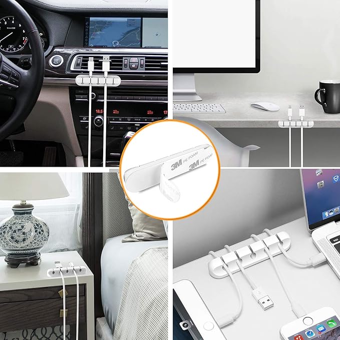 Cord Holder Cable Organizer Clips – Self Adhesive Cord Organizer for Desk, Car, Nightstands, Office, White Silicone Cord Keeper Cable Clips Wire Holders for Phone Charger Cords (7-5-3-1-1 Slots)