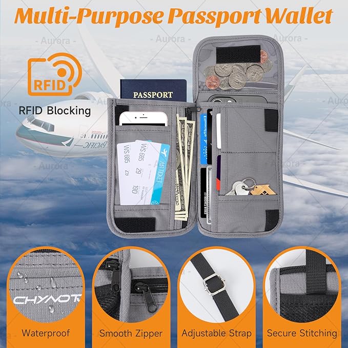 Neck Wallet & RFID Blocking Passport Holder for Travel – Waterproof Hidden Travel Wallet with Card Slots, Adjustable Strap, Portable Document Organizer for Men, Women (Gift) Grey