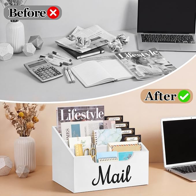 Rustic Wood Mail Organizer Countertop with 4 Slots, Black Mail Holder for Desk, Removable Dividers Mail Sorter, Letter Bill File Organizer for Home Office Classroom, Desktop Organizer with Free Labels