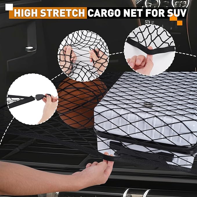 Kaskawise Elastic Cargo Net for SUV,Truck Net Organizer with ABS Hooks,39.3"x31.5" Stretch to 78.7"x63" Truck Bed Net for Car,Truck,Stretch Luggage Holder for Road Trip Camping Moving