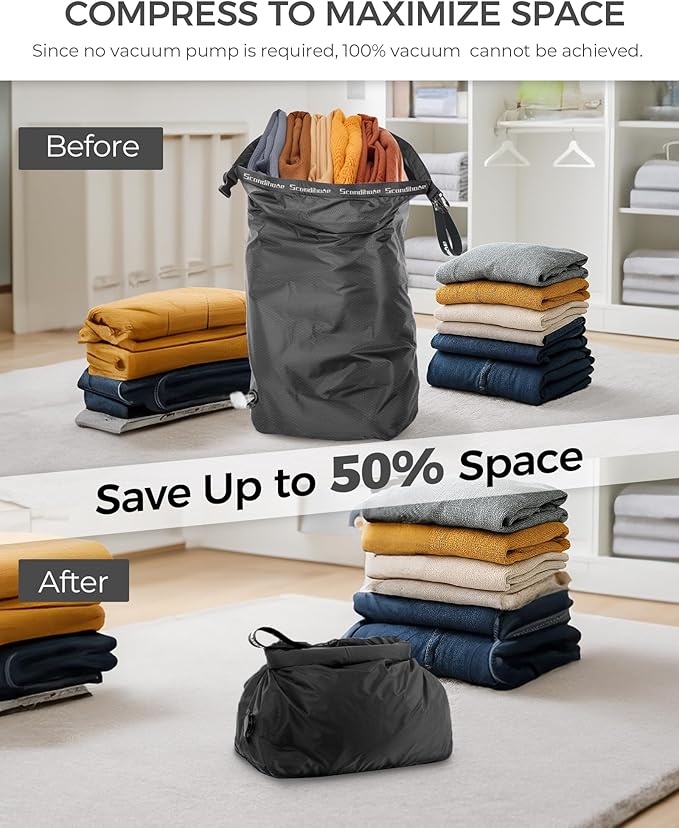 Travel Laundry Bag, Pump-Free Vacuum Compression Dirty Clothes Bag, Reusable Waterproof & Washable Laundry Bag, Wet and Dry Bag, Ideal for Suitcases, Road Trip Essentials (2 Pcs, M+M) Black