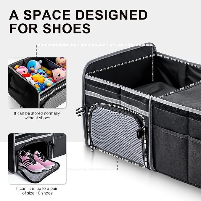Bold Color Block Trunk Organizer | 95L, 35"x13.8"x11.8" | Dedicated Shoe Storage & 26L Ice Pack | Foldable for SUV/Car/Jeep | Stylish Gift & Essential Car Accessories for Drivers - Black-X212