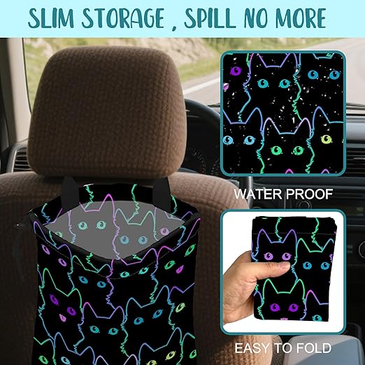 Car Trash Bag Cute Neon Cartoon Cat Leak-Proof Waterproof Car Garbage Bag with Drawstring Foldable Canvas Trash Bin with Adjustable Buckle for Car Accessories, Travelling, Camping
