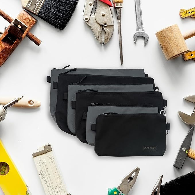 COREFLEX Premium Tool Pouch Zipper Bag, Small Tool Bag, Multipurpose Storage pouch, Heavy duty Flat Bottom Tool bag with YKK Zipper (6 pack Combo mixed size Black &Grey)