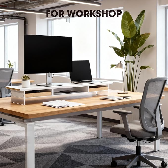Fenge 42.5??Dual Monitor Stand with 2 Drawers, Metal Wood Monitor Riser with Acrylic Legs, 2-Tier Desktop Shelf Storage Organizer for Computer, Laptop, Printer, TV, White