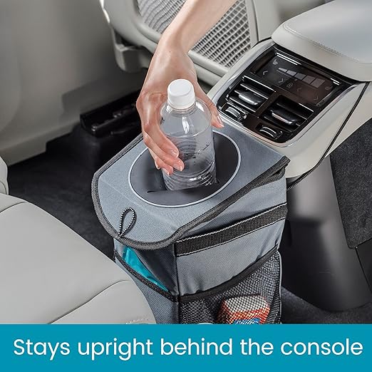 High Road StashAway Heavy Duty Car Trash Can with Rubber Lid, 3 Storage Pockets and Sturdy Panels for Stable Floor or Hanging Seatback Use (Gray)