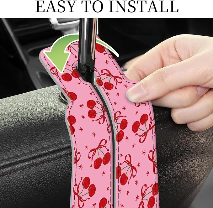 PU Leather Car Seat Hook, Storage Headrest Hanger, Cute Car Backseat Organizer, Car Hooks For Purses and Bags Pink Cherry Print