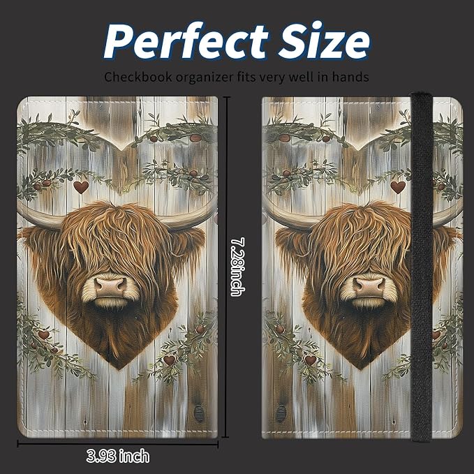 Check Book Cover for Personal Checkbook with Duplicate Checks for Women's & Men PU Leather Wallets Check Book Holder with Pen Card Slots Elastic Strap,Love Cow