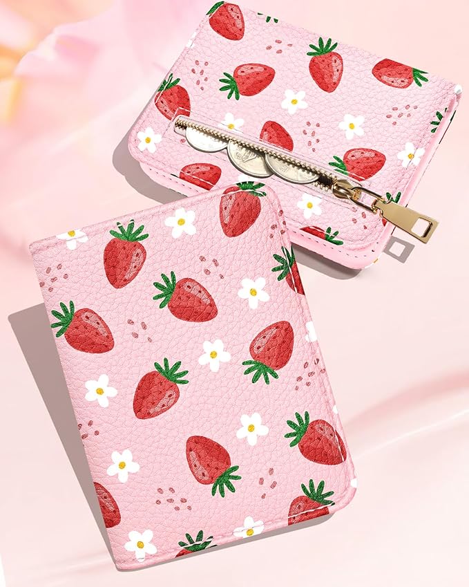 Bistup Credit Card Holder Wallet for Women Cute Leather Ladies Teen Girls Female Cardholder Wallets Accordion Purse Small Medium Aesthetic Print Strawberry Modern Design Rfid Zipper Around