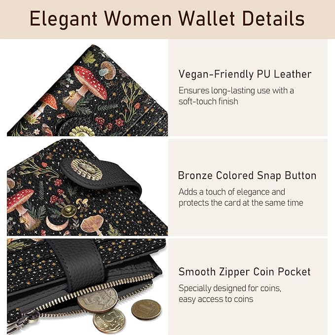 Kelvoris Mushroom Moon Night Small Rfid Women Wallet Bifold Zipper Coin Pocket PU Leather Compact Cash Credit Card Holder Travel Wallet for Female Ladies Teen Girls 1 ID Window 10 Card Slots