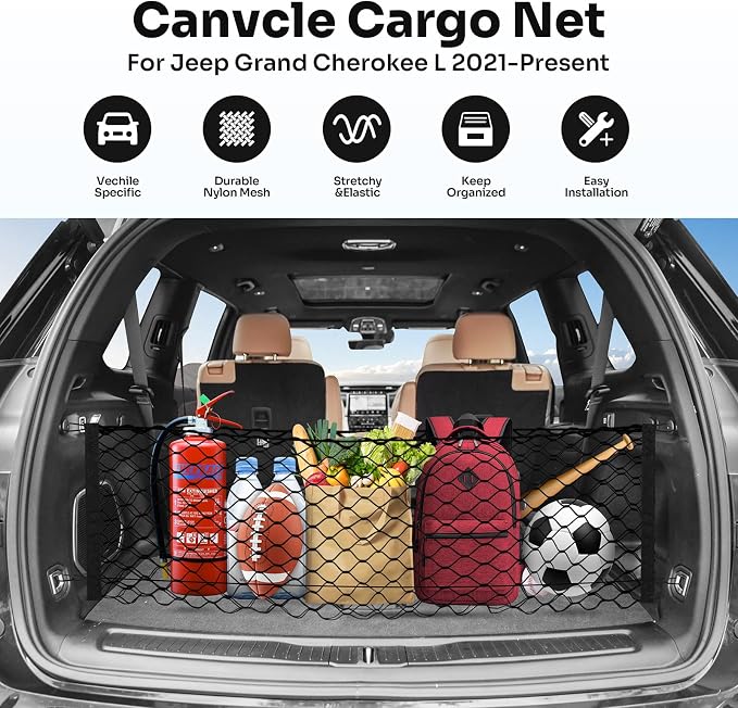 Canvcle Trunk Cargo Net for 2021-2026 Jeep Grand Cherokee L (7 Seats) Accessories Envelope Style Mesh Trunk Net Organizer and Storage Stretchable Adjustable Elastic Nylon Rear Cargo Netting with Hooks
