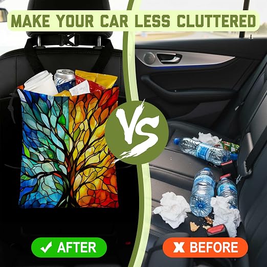Car Trash Bag Colorful Stained Glass Tree Hanging Canvas Car Trash Bag Waterproof Drawstring Car Back Seat Organizer for Car Back Front Seat Console with Adjustable Buckle