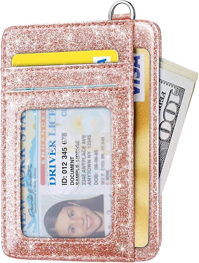 Coco Rossi Slim Front Pocket Wallet RFID ID Card Holder Cute Small Wallet with Keychian for Women,Rose Gold Glitter
