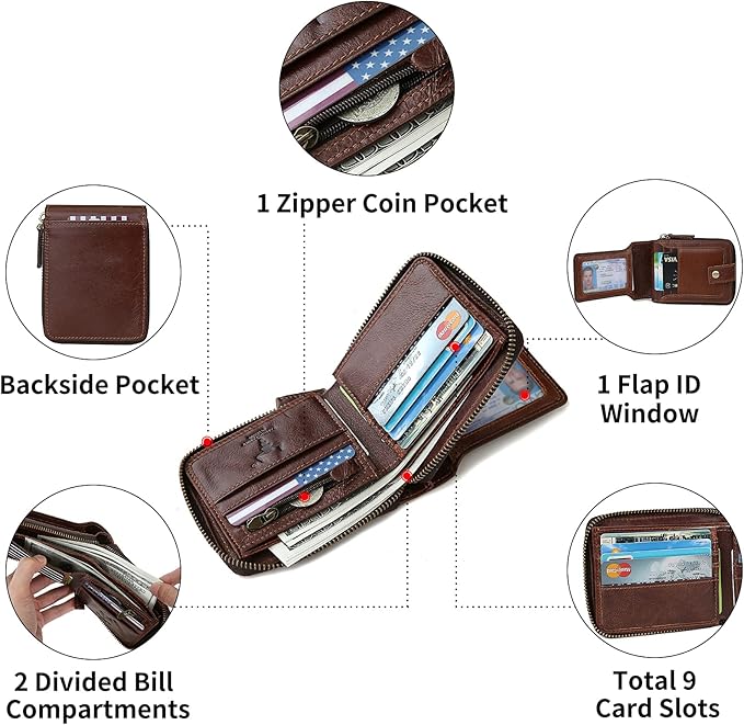 Zipper Wallet Men RFID Blocking Leather Bifold Wallets For Men - Flap ID Window Zip Coin Pocket Mens Zipper Wallets - Big Capacity Credit Card Travel Wallet (Brown)
