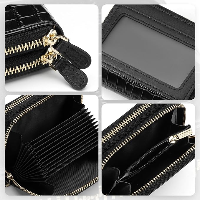 Vulkitty Zipper Credit Card Holder for Women, Leather RFID Blocking Card Wallet, Card Case for Female, Ladies Wallet with Zip Coin Pocket, Black