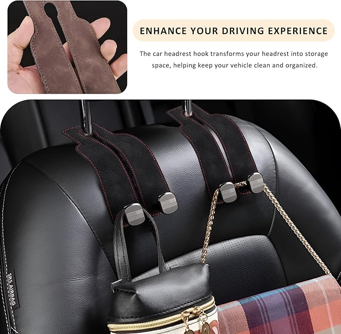 Sun Walker 2 PCS Car Seat Headrest Hooks, Auto Back Seat Purse Hook Bag Organizer with American Flag, Vehicle Double Metal Hooks Storage Hanging Holder for Handbags Coats Phones (Black)