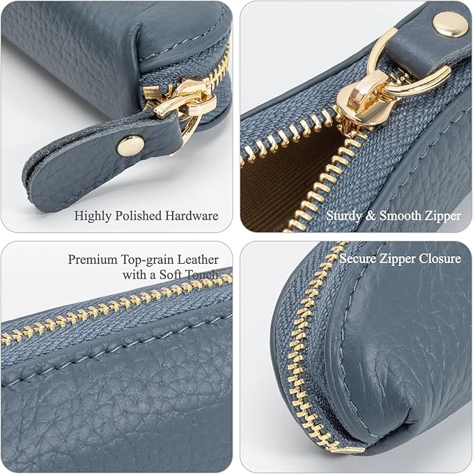 Full Grain Leather Coin Pouch - Travel Small Coin Purse with Zipper - Mini Key Pouch Change Purse for Women and Men (Navy Blue)