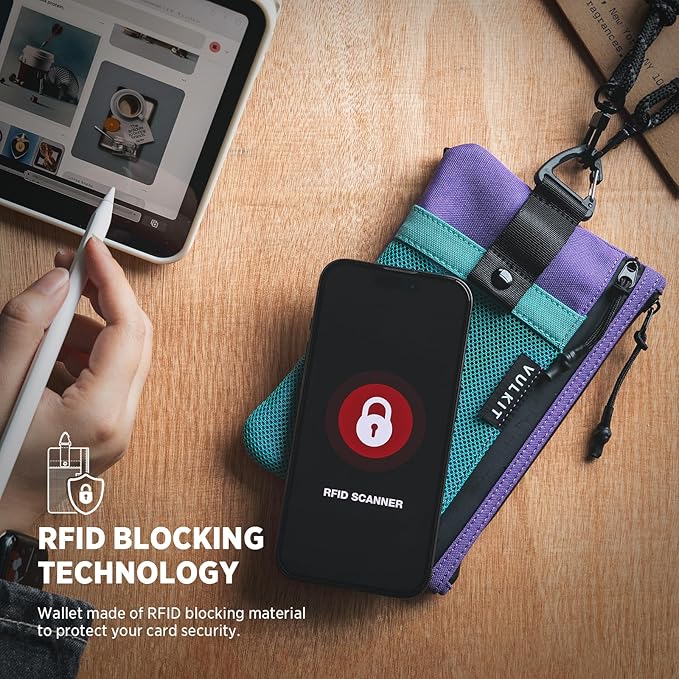 VULKIT RFID Blocking Travel Wallet for Women, Water Resistant Passport & Phone Holder with Detachable Lanyard and Key Ring, Lightweight Zipper Travel Wallet