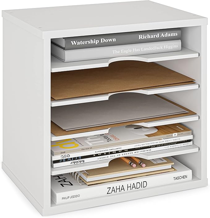Ballucci File Organizer Paper Sorter, 5 Tier Adjustable Shelves Office Desk Organizer, 13 5/8" x 9 1/4" x 12", White